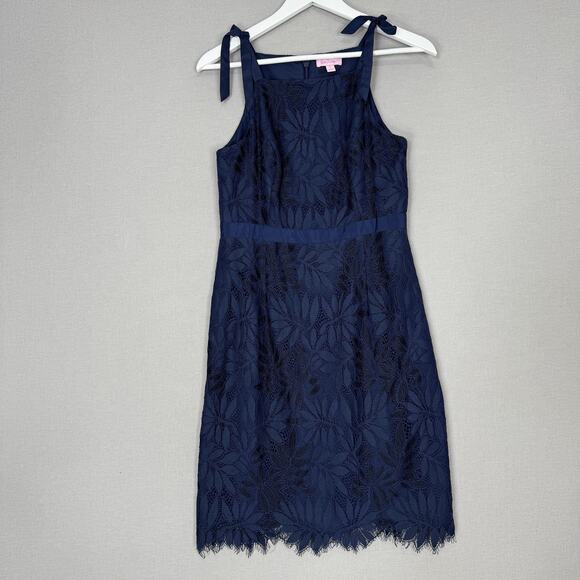Lilly Pulitzer Kayleigh Shift Dress Womens 6 Navy Fern Gallery Lace Cocktail - Picture 2 of 15